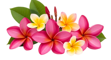 Arrangement of Pink and Yellow Plumeria Flowers and Green Leaves on Black Background 7of689 image isolated on a transparent background