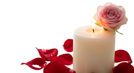 Lit White Candle with Pink Rose and Red Rose Petals on Black Background graphic design isolated on a transparent background