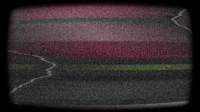 This video simulates the experience of a malfunctioning vintage television tube, complete with a rounded frame and heavy grain. It rapidly alternates between clear horizontal color bars and intense, s