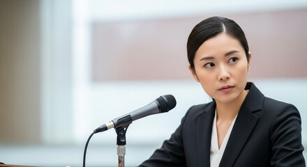 日本人女性のリーダー像：信念を持って記者会見に臨む真剣な表情