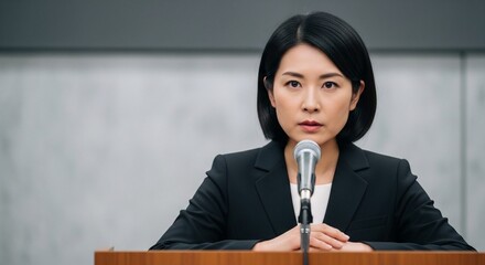 日本人女性のリーダー像：信念を持って記者会見に臨む真剣な表情