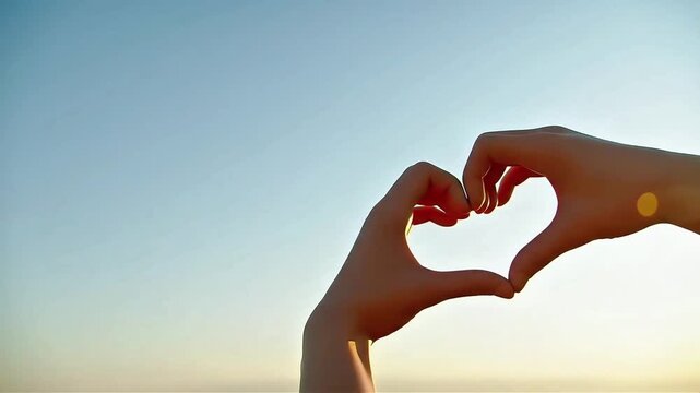 Two hands forming a heart shape against a serene sunset sky on Valentine's Day with a warm and loving mood.