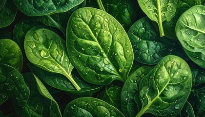 Fresh green spinach leaves with dew drops for healthy eating and nutrition