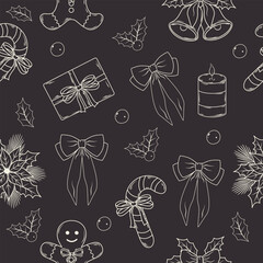 Festive hand-drawn Christmas seamless pattern with gingerbread man, candy canes, holly, and bows; white line art sketch on dark background for holiday design.