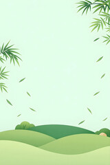 Obraz premium Serene Green Landscape Background with Bamboo Leaves and Rolling Hills