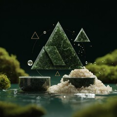 Abstract mountain landscape with geometric shapes and natural elements