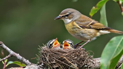 Bird Feeding Its Baby Birds in a Natural Nest