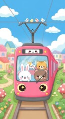 Naklejka premium Adorable cartoon animal characters ride a bright pink public transport vehicle through a cheerful landscape