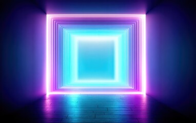 Abstract neon square tunnel with vibrant blue and purple glowing lights