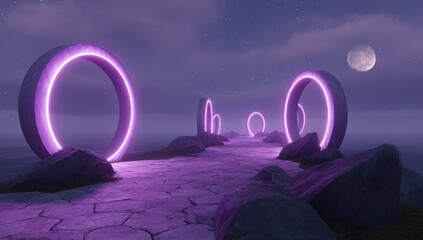 Abstract path with neon rings leading to a surreal landscape with a moon