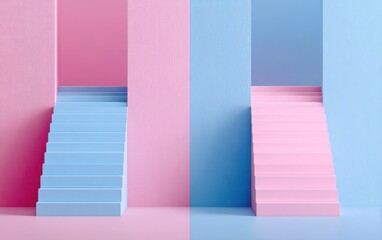 Abstract pink and blue staircase design with geometric shapes and copy space