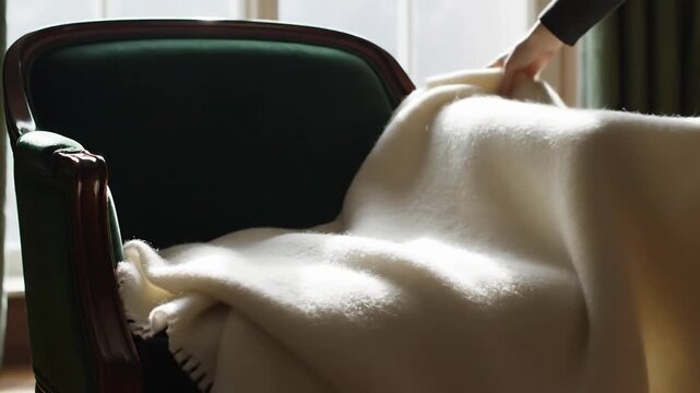 Soft blanket draped over elegant vintage armchair in sunlit room