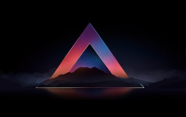 Abstract pyramid shape with mountain silhouette on dark background