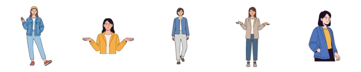 Obraz premium Casual Young Women Explaining Friendly Gestures Standing Flat Vector Character Illustration