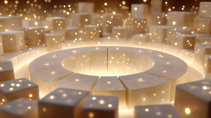 Illuminated Abstract Cityscape: A modern abstract city of luminescent blocks and a central circular structure radiates an inviting light.