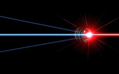 Abstract red and blue laser beams radiating from a central point on black