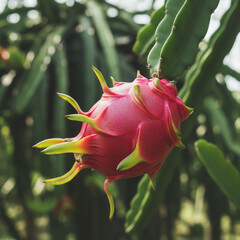 Ripe Dragon Fruit On Cactus