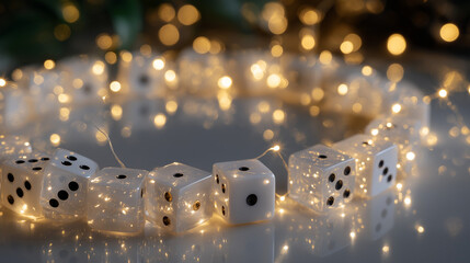 Illuminated Dice: A ring of dice, each etched with unique dot arrangements, encircled by the soft glow of fairy lights, all captured with photorealistic clarity.