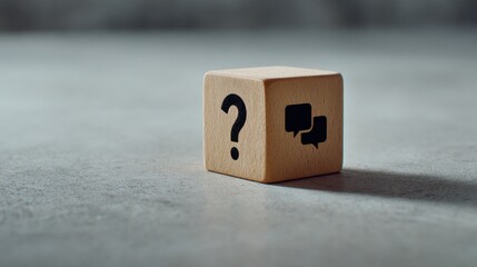 Wooden cube with question mark and speech bubble icons representing customer service and communication on grey surface