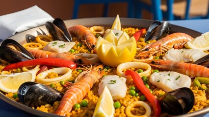 Delicious seafood paella dish in large pan with various fresh ingredients
