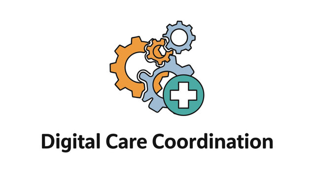 Interconnected gears symbolizing digital care coordination with a medical cross in a modern illustration