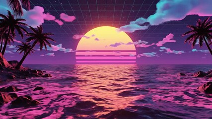 Retro Wave Sunset Over Tropical Ocean with Palm Trees A Nostalgic Synthwave Vibe for Summer Vacation and 80s Aesthetics. - Powered by Adobe
