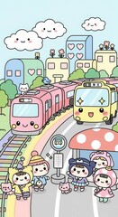 Naklejka premium Adorable cartoon city scene features diverse transportation and cheerful characters waiting at a stop