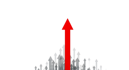 Red Arrow Leading A Group Of Gray Arrows Upwards Against Black growth success isolated on a transparent background