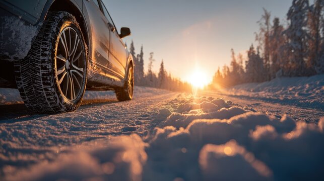 Car on a snowy road at sunset during winter travel with sun flare background