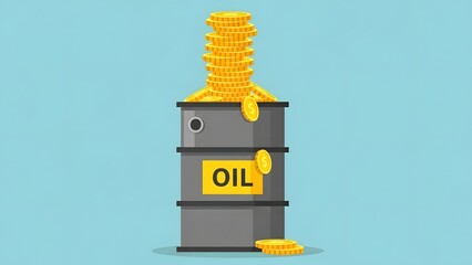 Minimalist cartoon oil barrel stacked with coins, simple shapes, flat colors, clean background, business finance concept