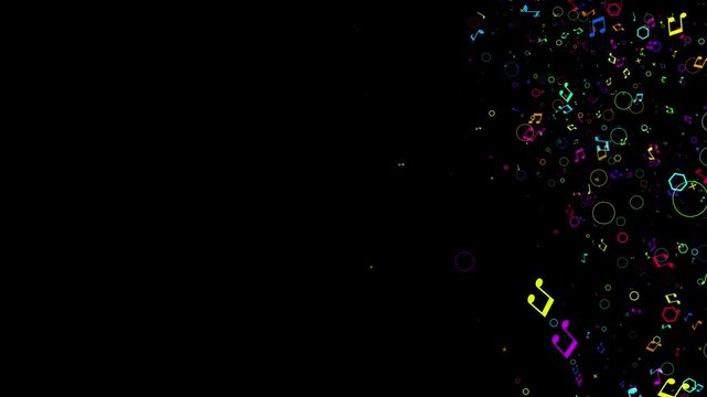 A vibrant particle animation featuring colorful musical notes and geometric shapes like circles and hexagons drifting from the right side of a black screen. The neon-colored icons float gracefully aga