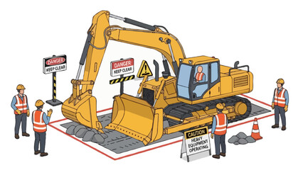 Heavy yellow excavator and industrial digging machinery isolated on a white background and operating on a construction site as heavy equipment for building and earth work