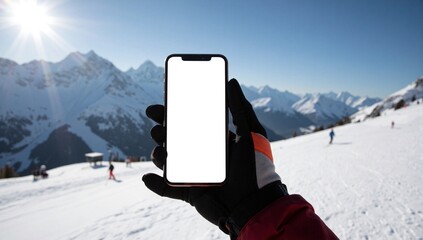 Hand holding smartphone blank screen mountain travel