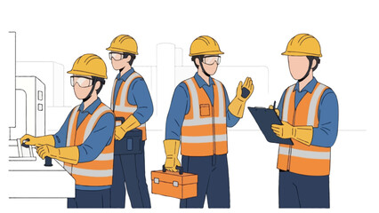 A professional team of construction workers and architects in uniforms and hardhats collaborate on an industry project during a successful business meeting