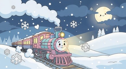 Naklejka premium Charming pastel colored locomotive travels through a snowy winter landscape under the night sky