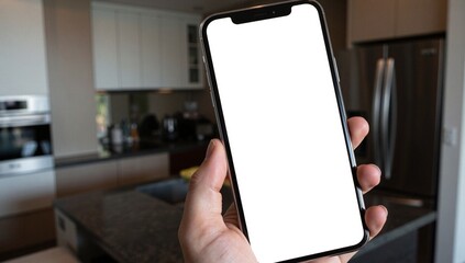 Hand holding smartphone blank screen home finance