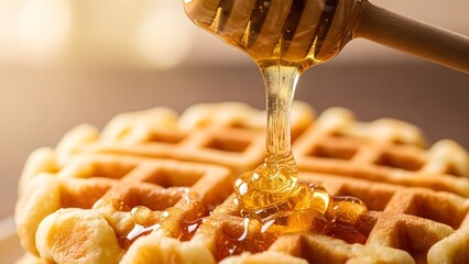 Honey drizzling over waffle close up appetizing culinary still life