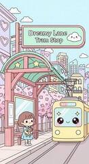 Naklejka premium Adorable child waits for whimsical transit vehicle at a decorated urban station