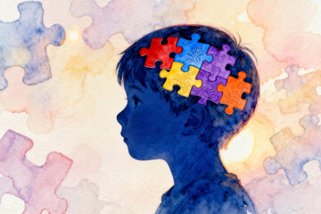 Watercolor illustration of a child&rsquo;s silhouette with puzzle pieces forming the brain, symbolizing cognitive development, neuroplasticity, and childhood learning. Abstract and educational theme.