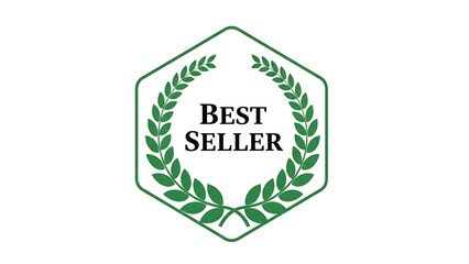 Hexagonal emblem with green laurel wreath and 'best seller' text inside, symbolizing achievement and recognition