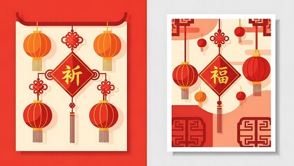 Traditional Chinese Lunar New Year posters featuring red lanterns, lucky knots, and auspicious calligraphy. A vibrant cultural celebration design with a clean, modern flat aesthetic.