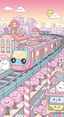 Naklejka premium Charming elevated train traverses a pastel cityscape populated by cute, smiling elements