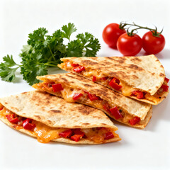 Close-up of grilled quesadilla with red peppers, melted cheese, parsley, and cherry tomatoes. Fresh, appetizing Mexican dish ready to eat.