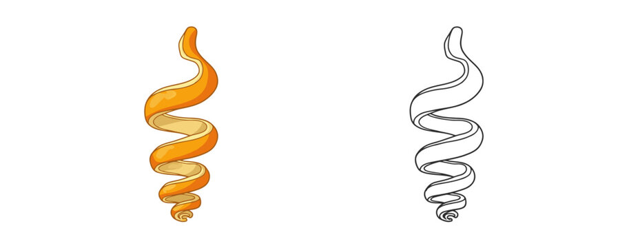 Spiral orange citrus peel illustration and its linear contour drawing showing zest texture for cocktail garnish or culinary recipes design isolated on white background
