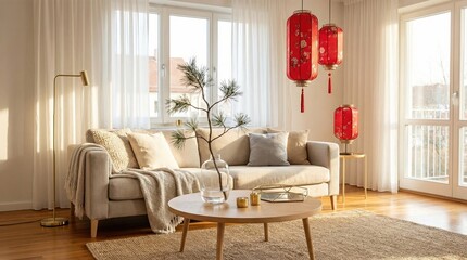 Cozy living room decorated with red chinese lantern for Chinese New Year. Modern home interior with holiday decorations. Celebration and tradition concept.