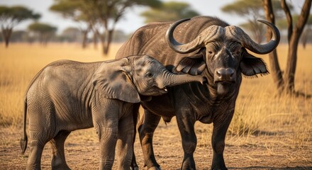 Obraz premium A large bull buffalo stands protectively beside a smaller young buffalo in a savannah with dry