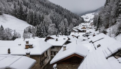 Snowy Alpine Village with Frosted Trees and Roofs.