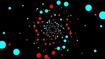 A dynamic tunnel of floating nodes in red and teal, spiraling toward the viewer from a central vanishing point. The circular particles vary in size and move with a sense of depth and speed. This energ