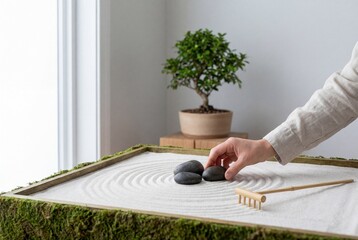 Hand arranging smooth black stones in miniature zen garden with white sand and green bonsai tree