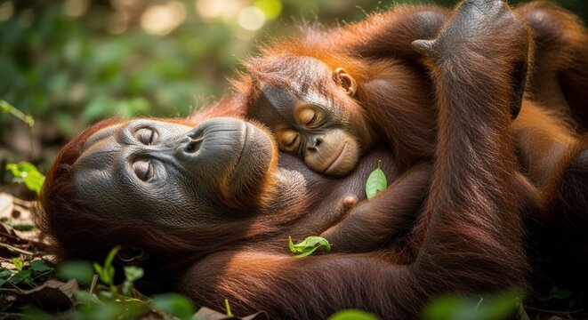 An adult orangutan and a baby orangutan cuddle together in a forest setting with green leaves,